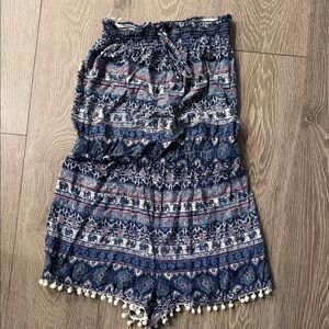 Rue 21 Bohemian Elephant Patterned Strapless Romper with Pom Pom Trim Juniors XL